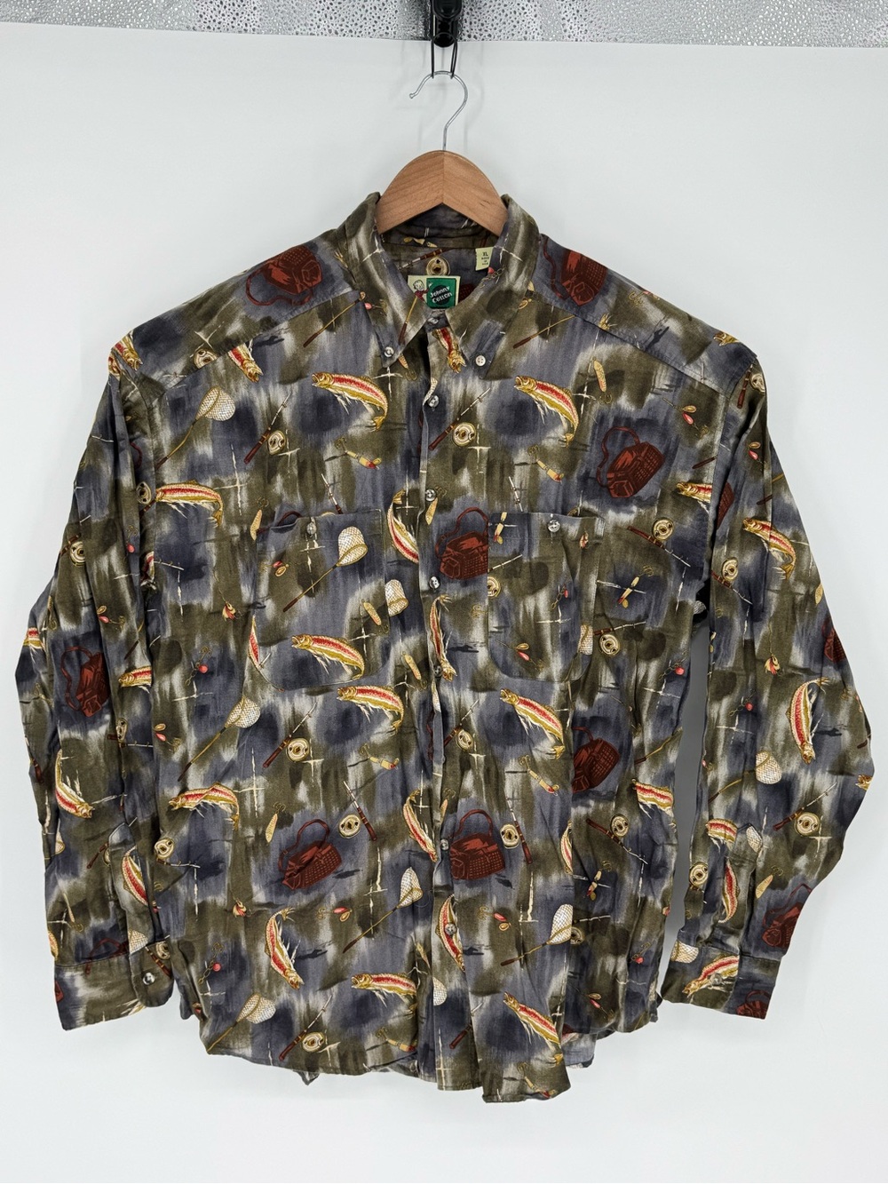 Vtg Johnny Cotton Button Up Shirt Men’s XL All Over Print Trout Fishing USA J6